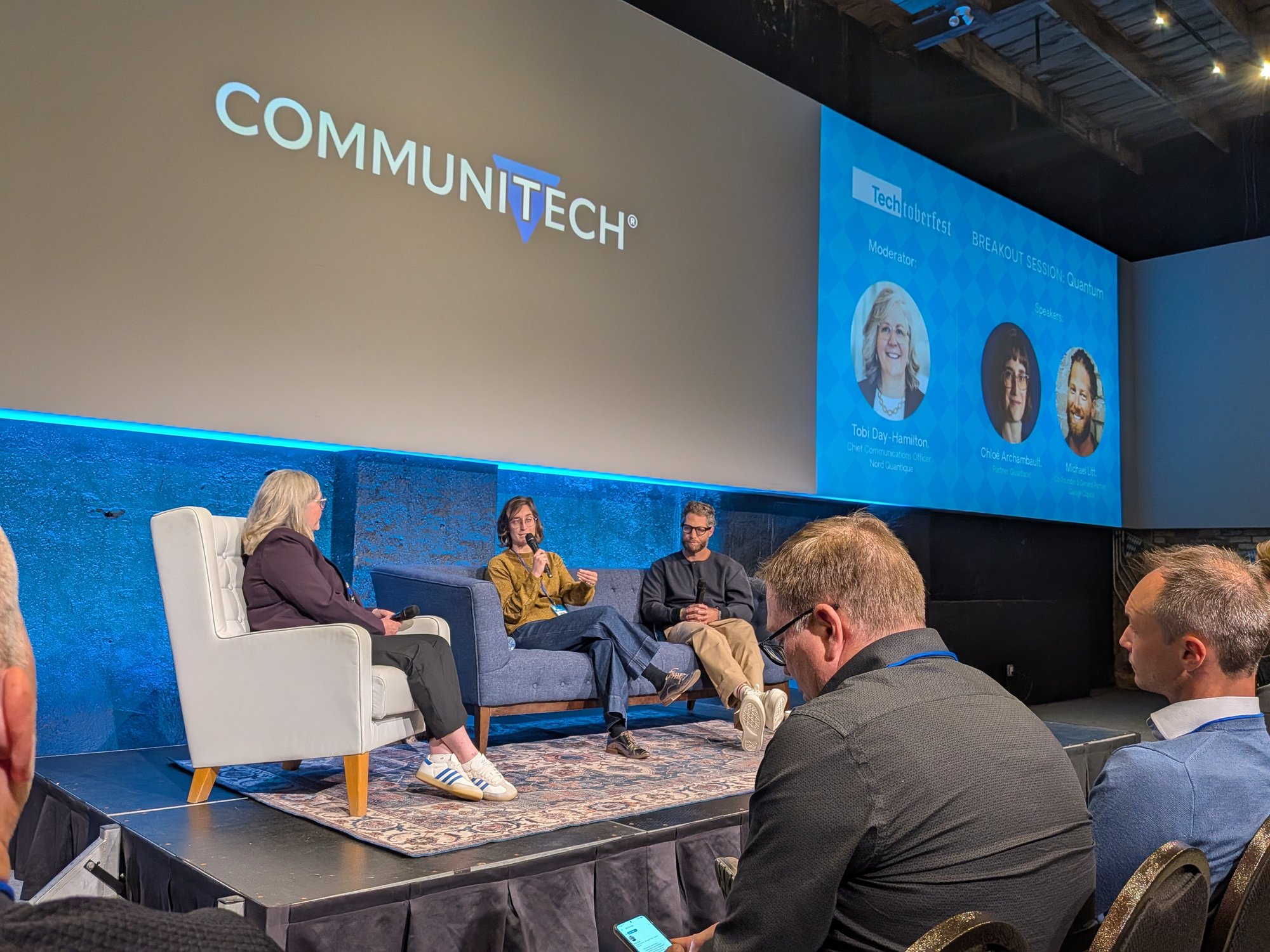 Chloé Archambault of Quantacet and Michael Litt of Garage Capital on the quantum panel at Techtoberfest 2026, with moderator Tobi Day-Hamilton