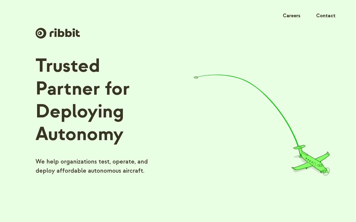 Ribbit's home page: a green plane drawn on pale green, with its flight path traced behind it